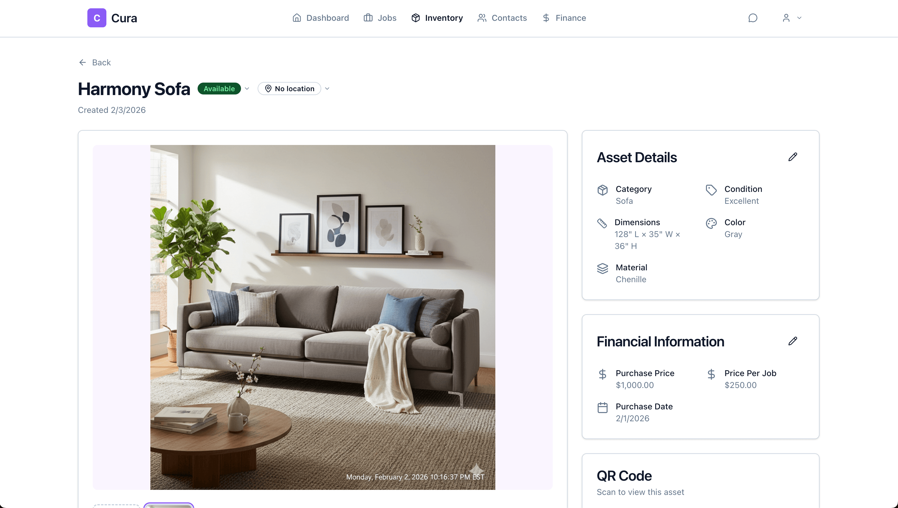 Cura inventory — asset detail view for Harmony Sofa with details, financial info, and QR code