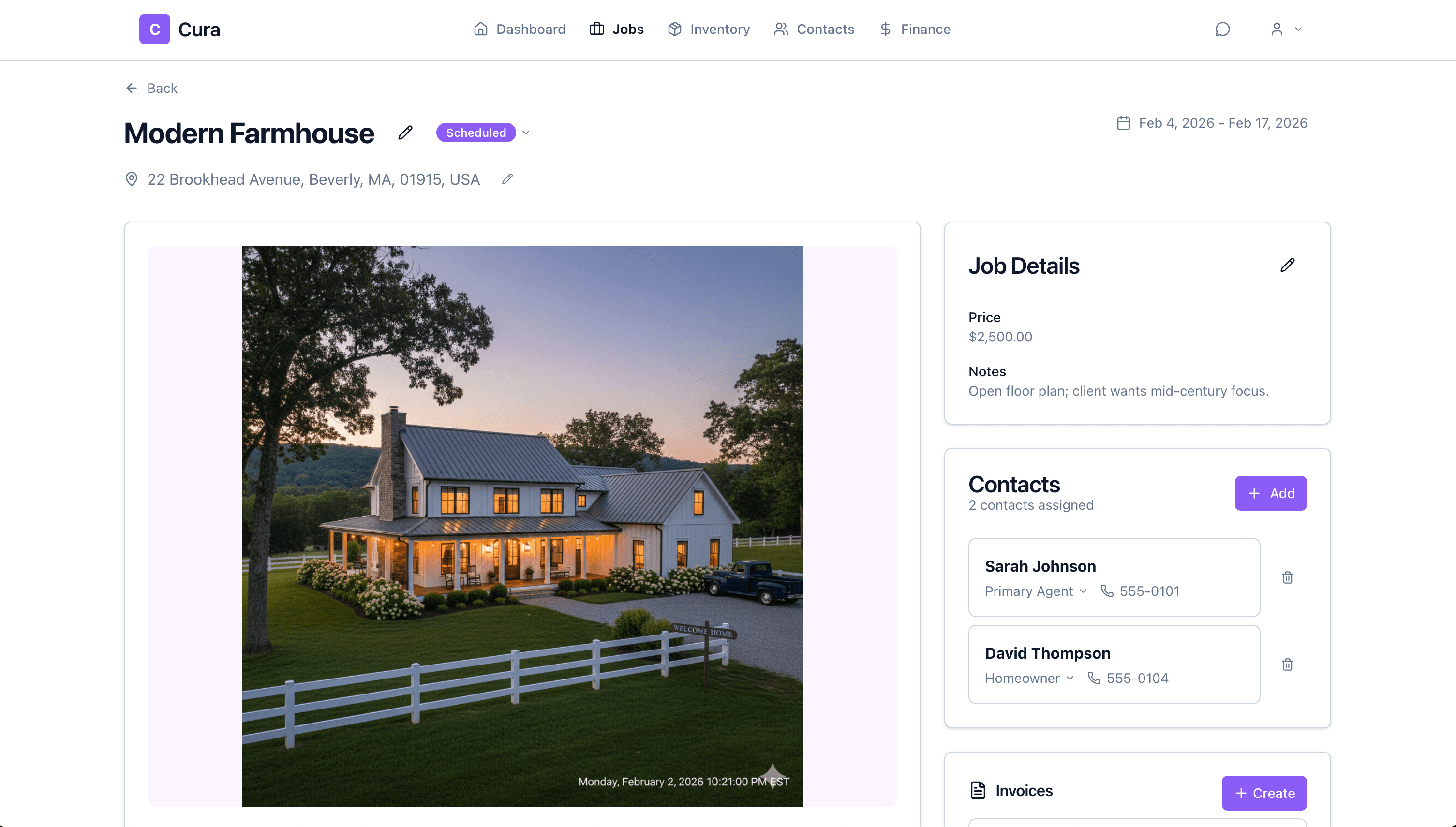 Cura job details — Modern Farmhouse with property image, address, job details, contacts, and invoices